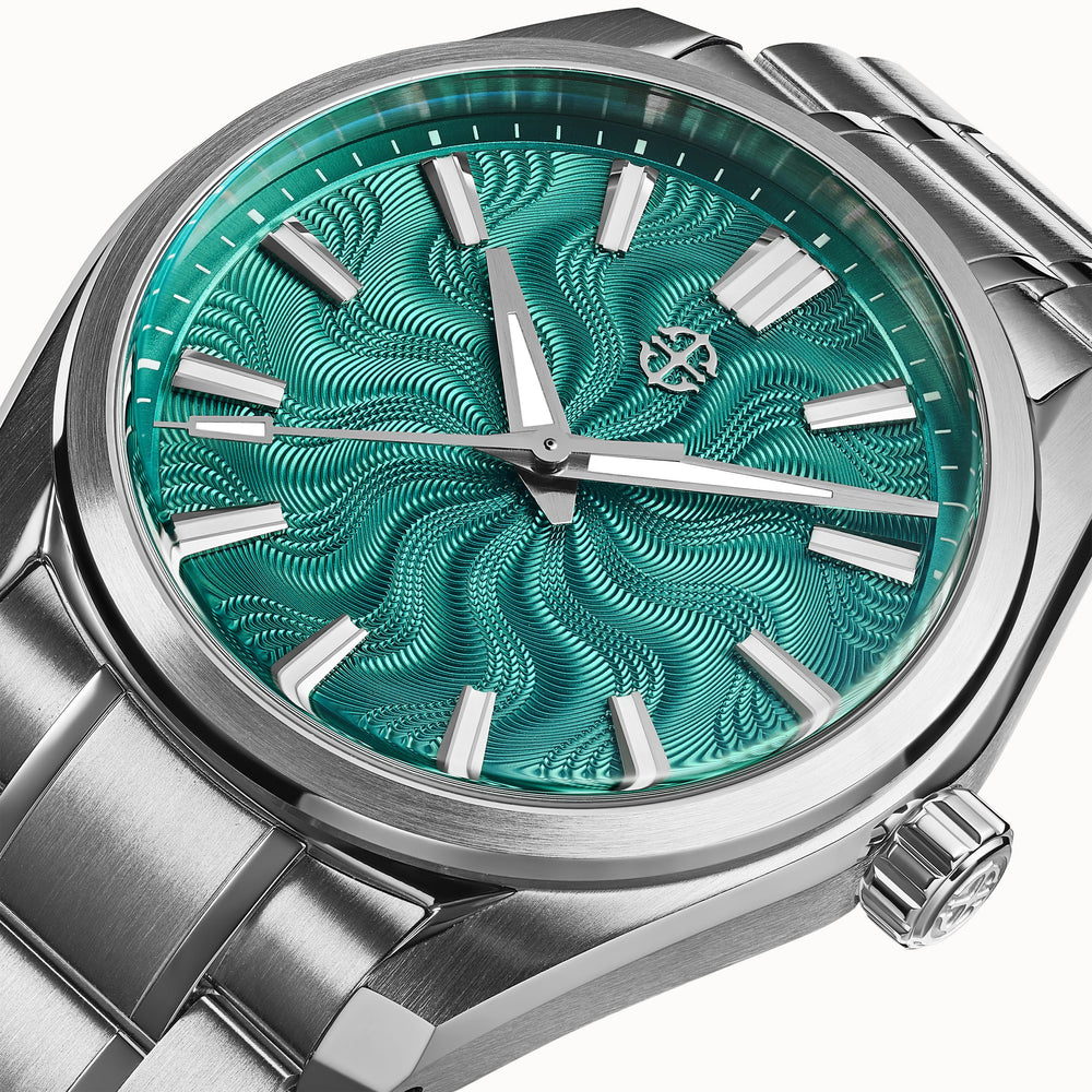 Intricate turquoise guilloché dial texture on an AETHELSOHN Forge watch